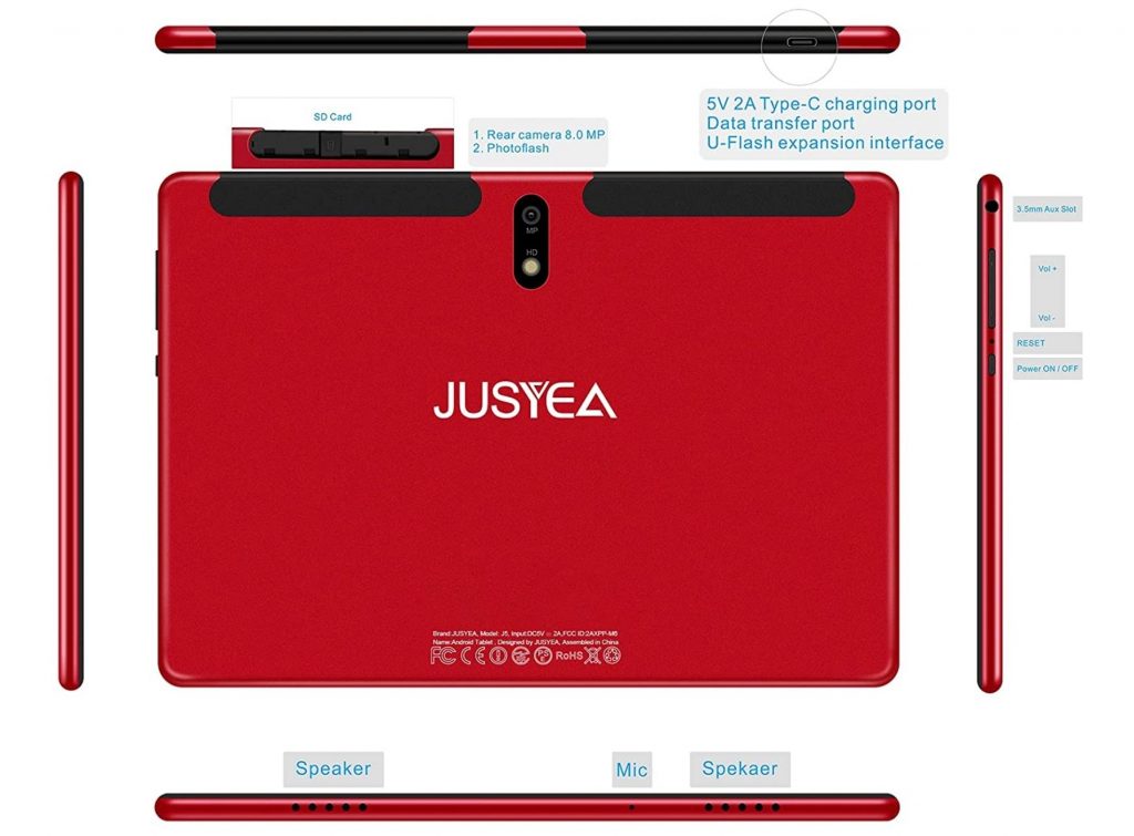 Partes y distribución de elementos de la Tablet Jusyea 5