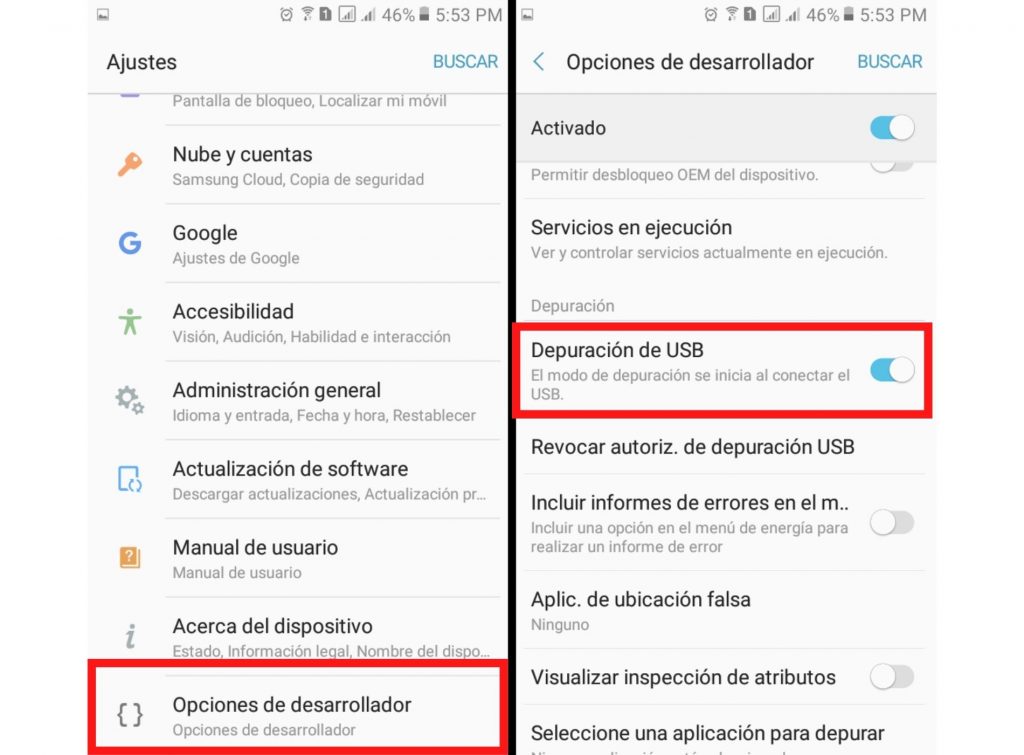 Activar la depuración de USB mediante las opciones de desarrollador