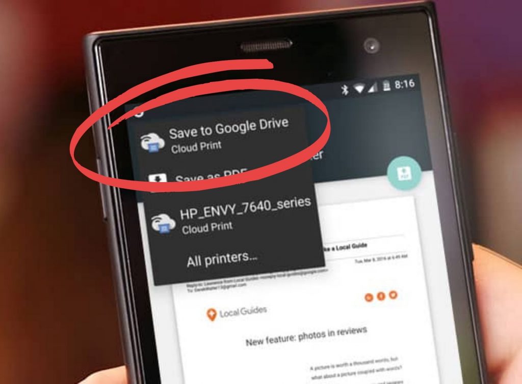 Tablet enviando un archivo a Cloud Print