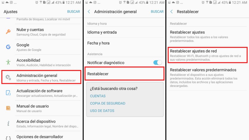 Paso a paso dentro de Ajustes para restablecer Configuración de Red Inalámbrica