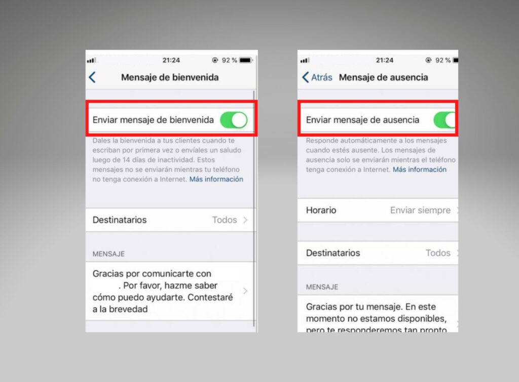 Configuración de Mensaje de saludo y ausencia de Whatsapp