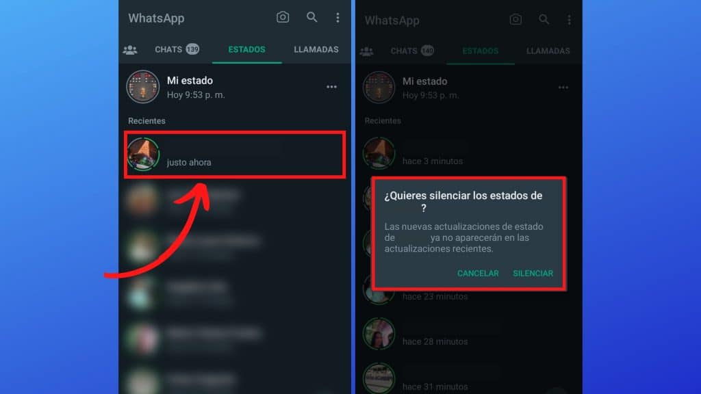 Silencia los estados de tus contactos