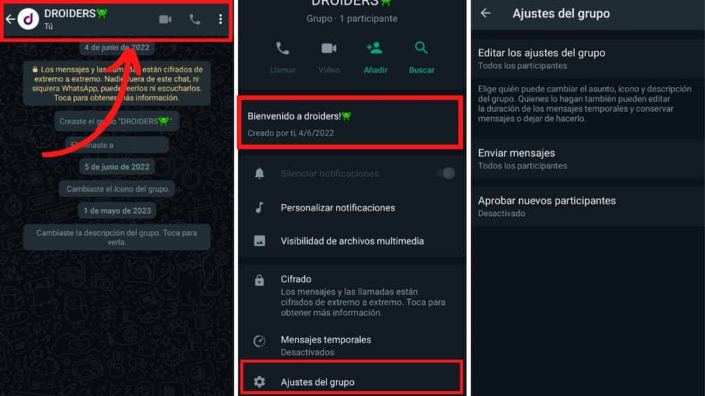 configuración de los grupos de WhatsApp