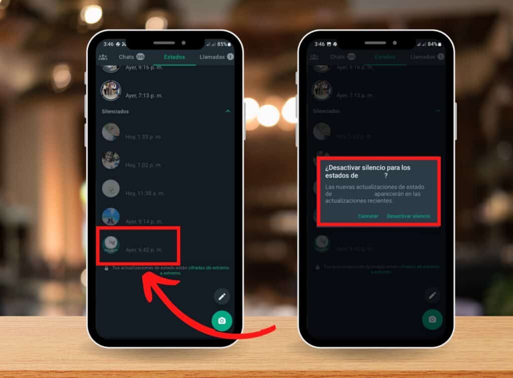 quitar silencio de los estados de WhatsApp