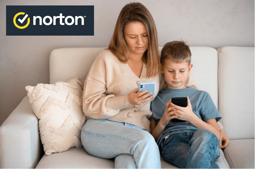 Madre e hijo usan móviles con control parental Norton