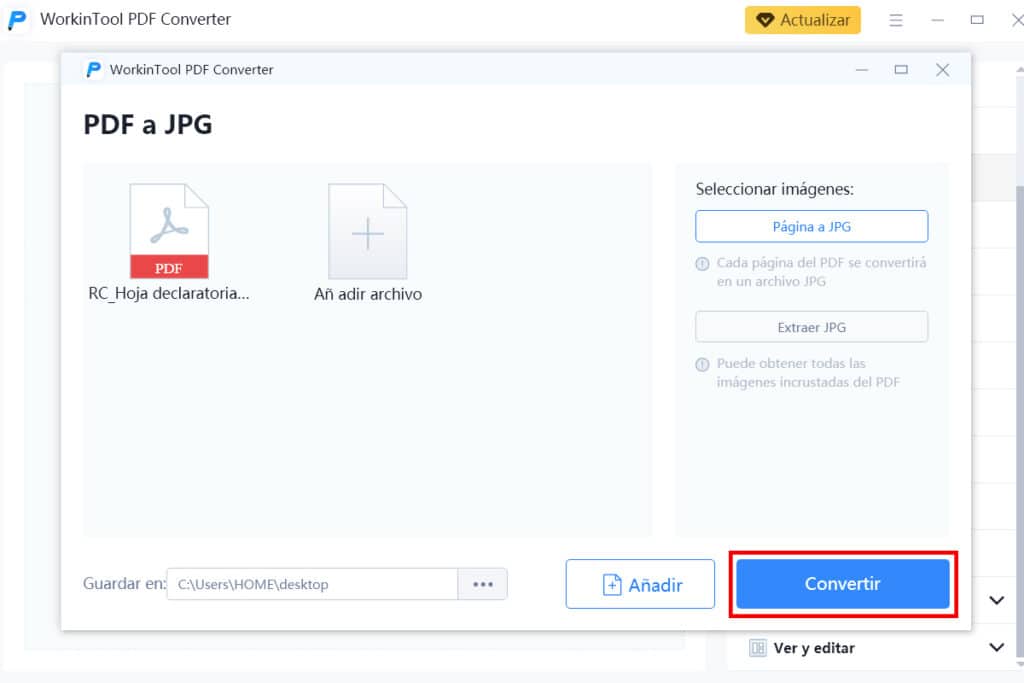 conversión de pdf a jpg con Workintool PDF converter