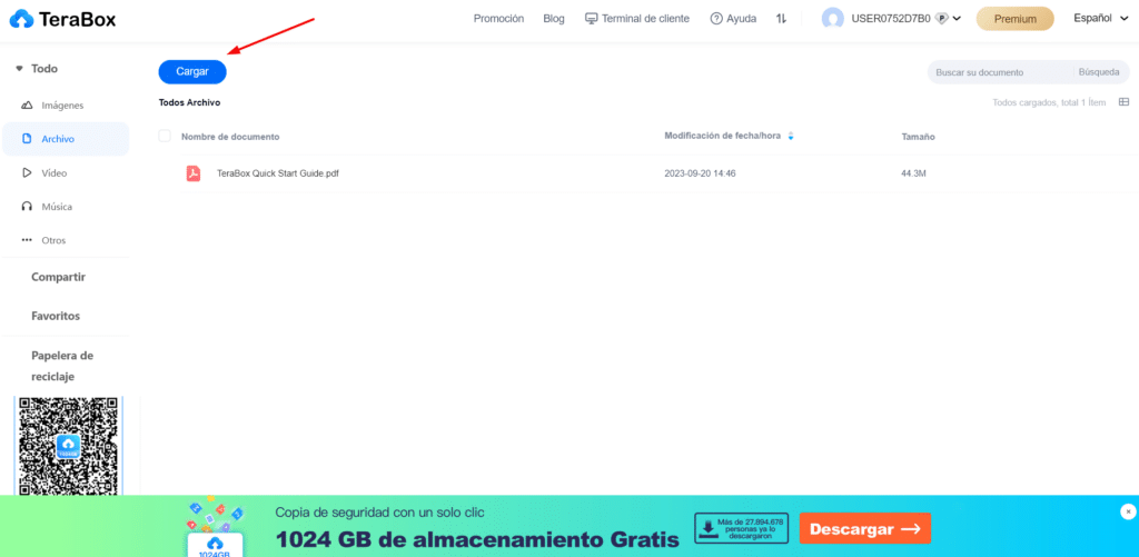 Cargar achivos y subirlos en Terabox