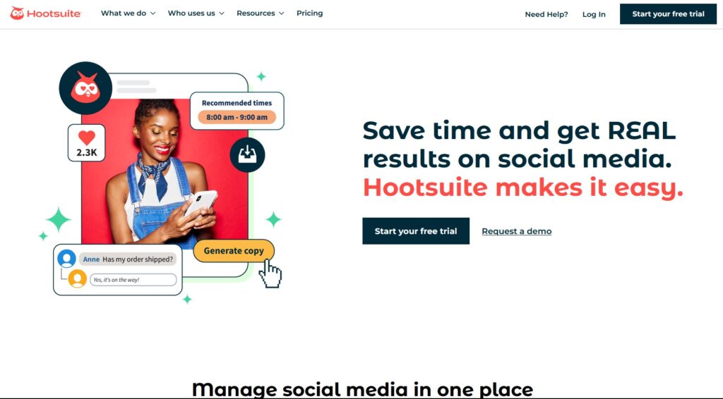 vista del sitio web de Hootsuite