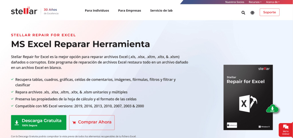 Página del producto Stellar Repair for Excel en la web Stellarinfo
