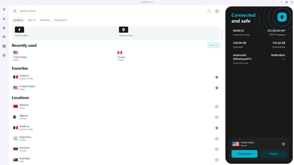 Surfshark VPN conectado a un servidor en Miami Estados Unidos