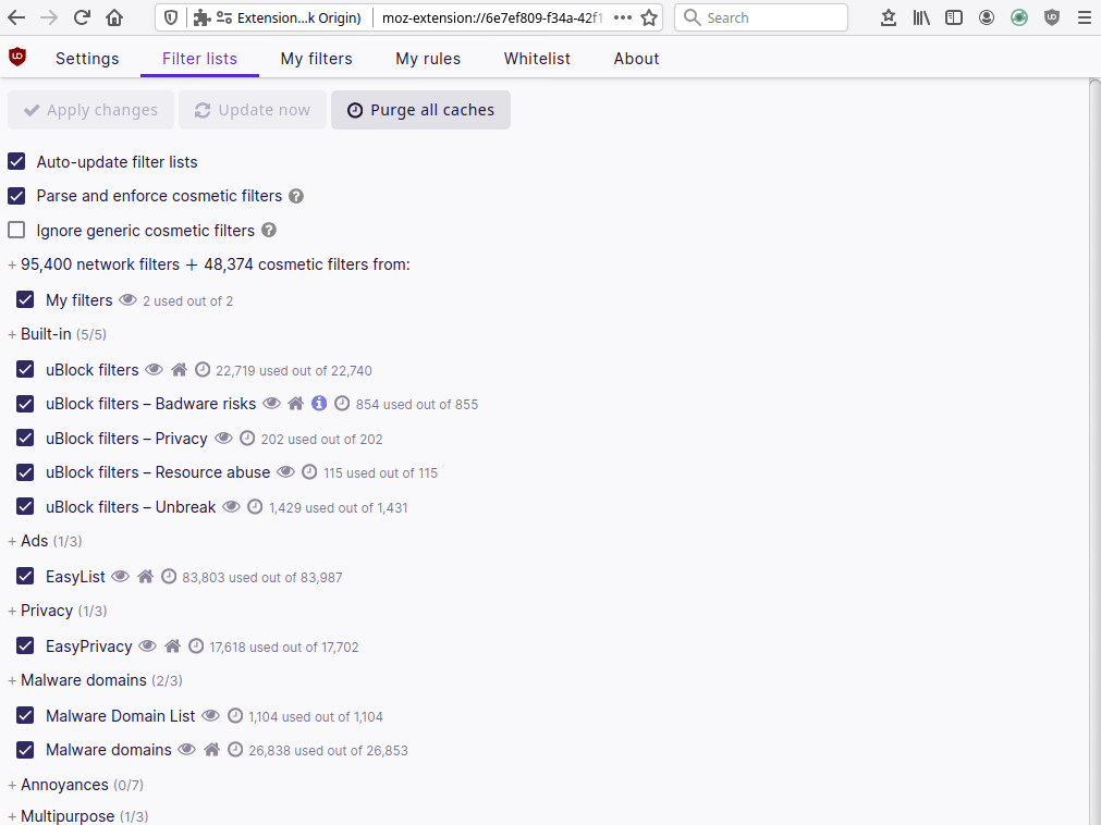 vista de la ventada de filtros de la extensión uBlock Origin