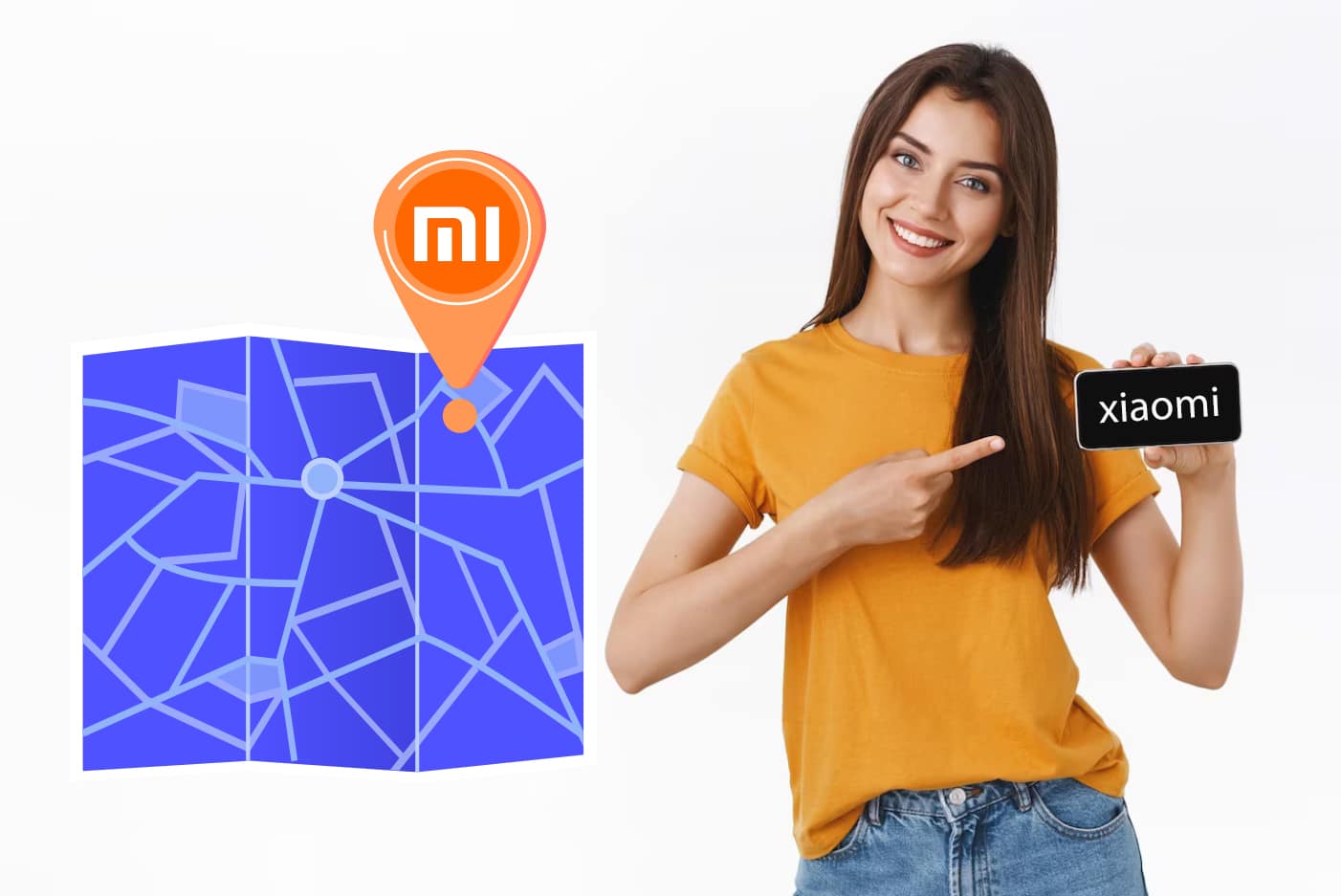 mujer feliz sosteniendo un teléfono Xiaomi que está siendo ubicado en el mapa