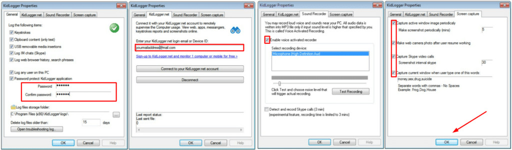 opciones de configuración para kidlogger en windows