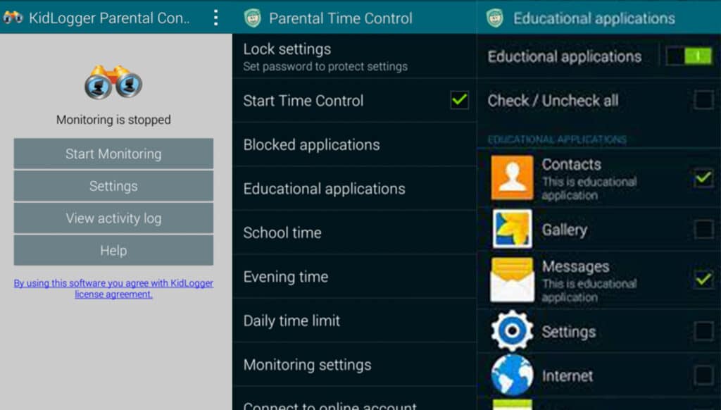 opciones de configuración de kidlogger en android