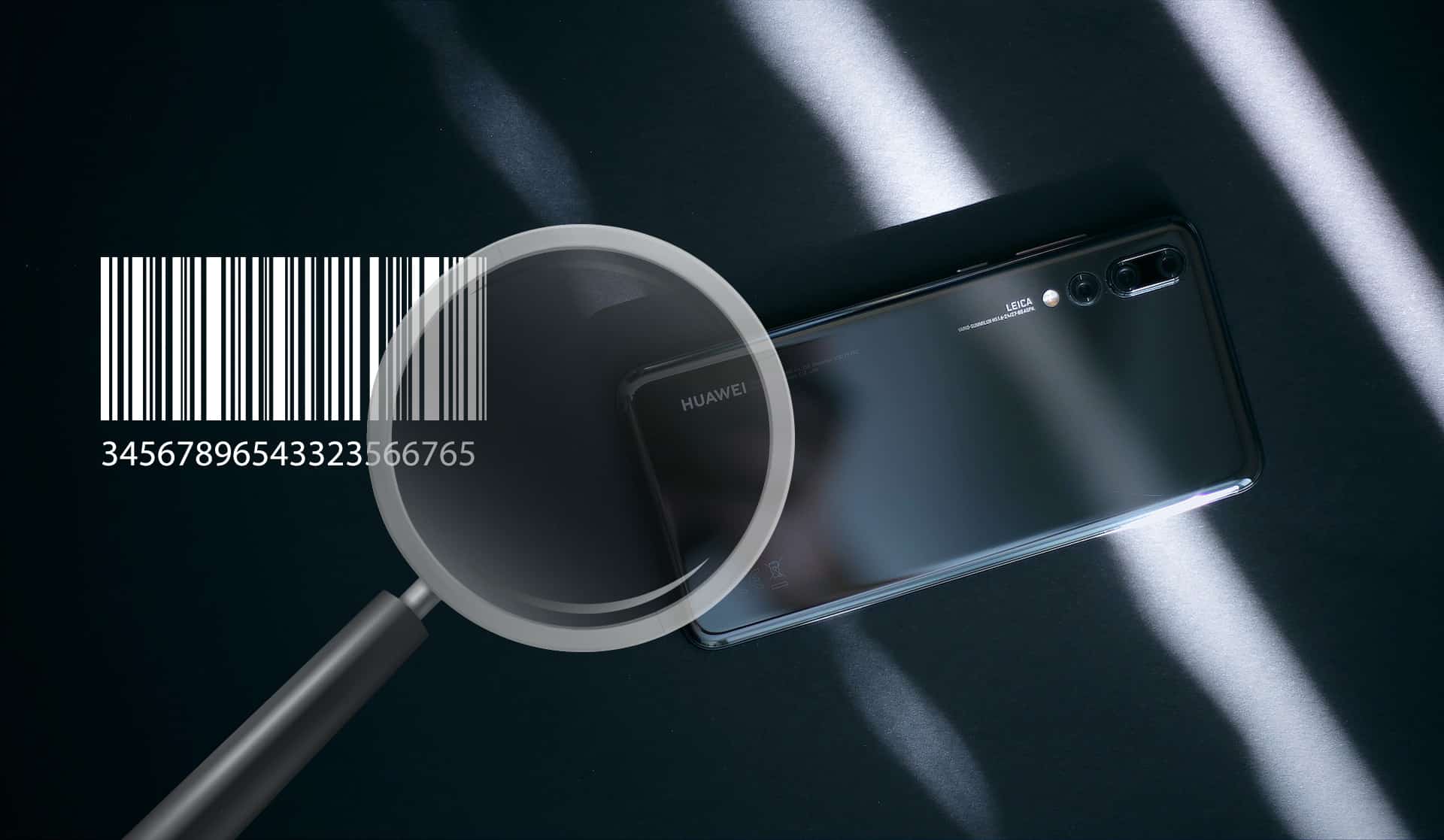 móvil Huawei con su IMEI siendo observado con una lupa