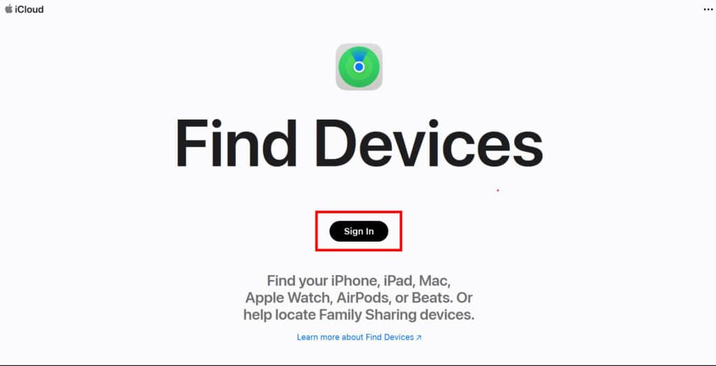 vista de la página web Find Devices de Apple