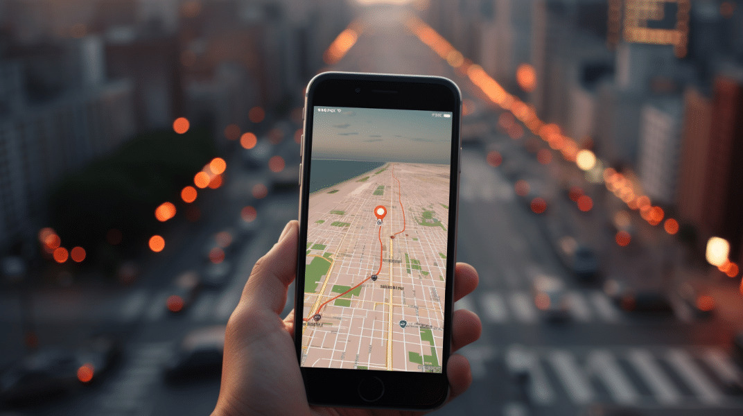 iphone con gps en la pantalla y una calle de fondo