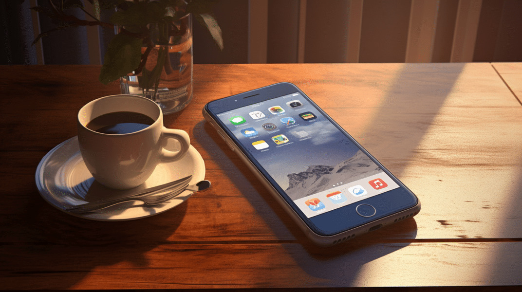 iphone sobre una mesa junto a una taza de cafe
