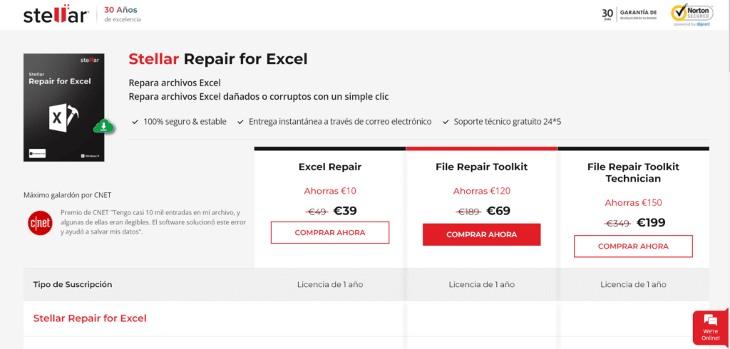 Planes y subscripción disponibles para Stellar Repair para Excel