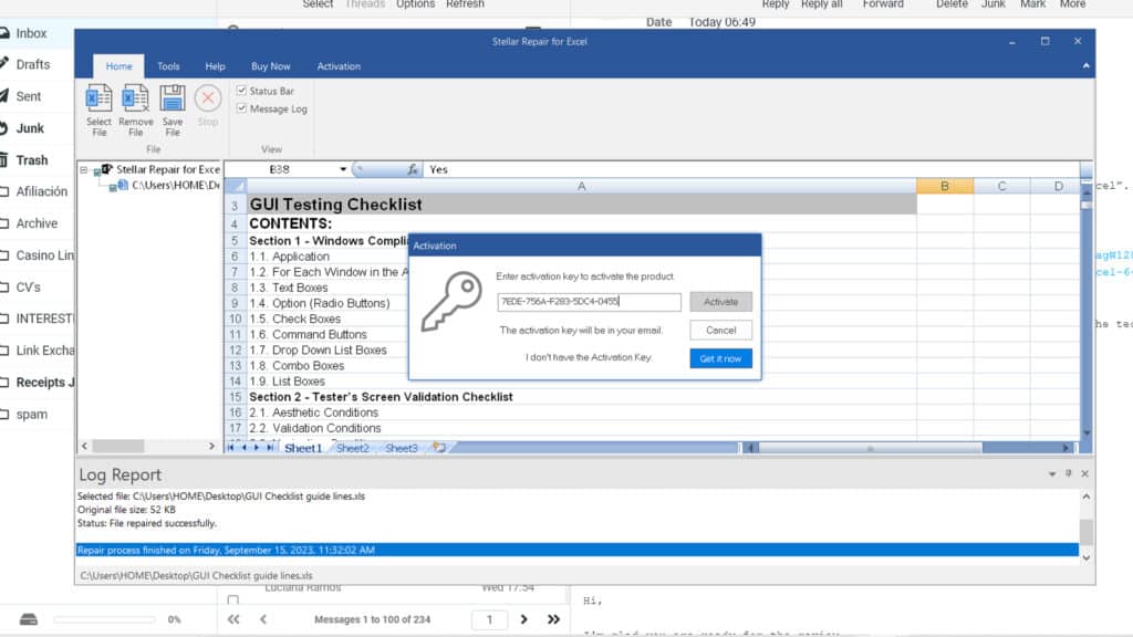 Introduciendo la clave de activación para obtener el archivo de Excel ya reparado