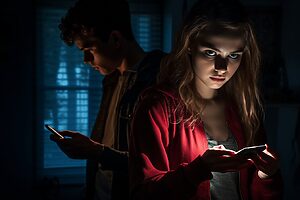 Pareja de chico y chica usando spyware en sus celulares