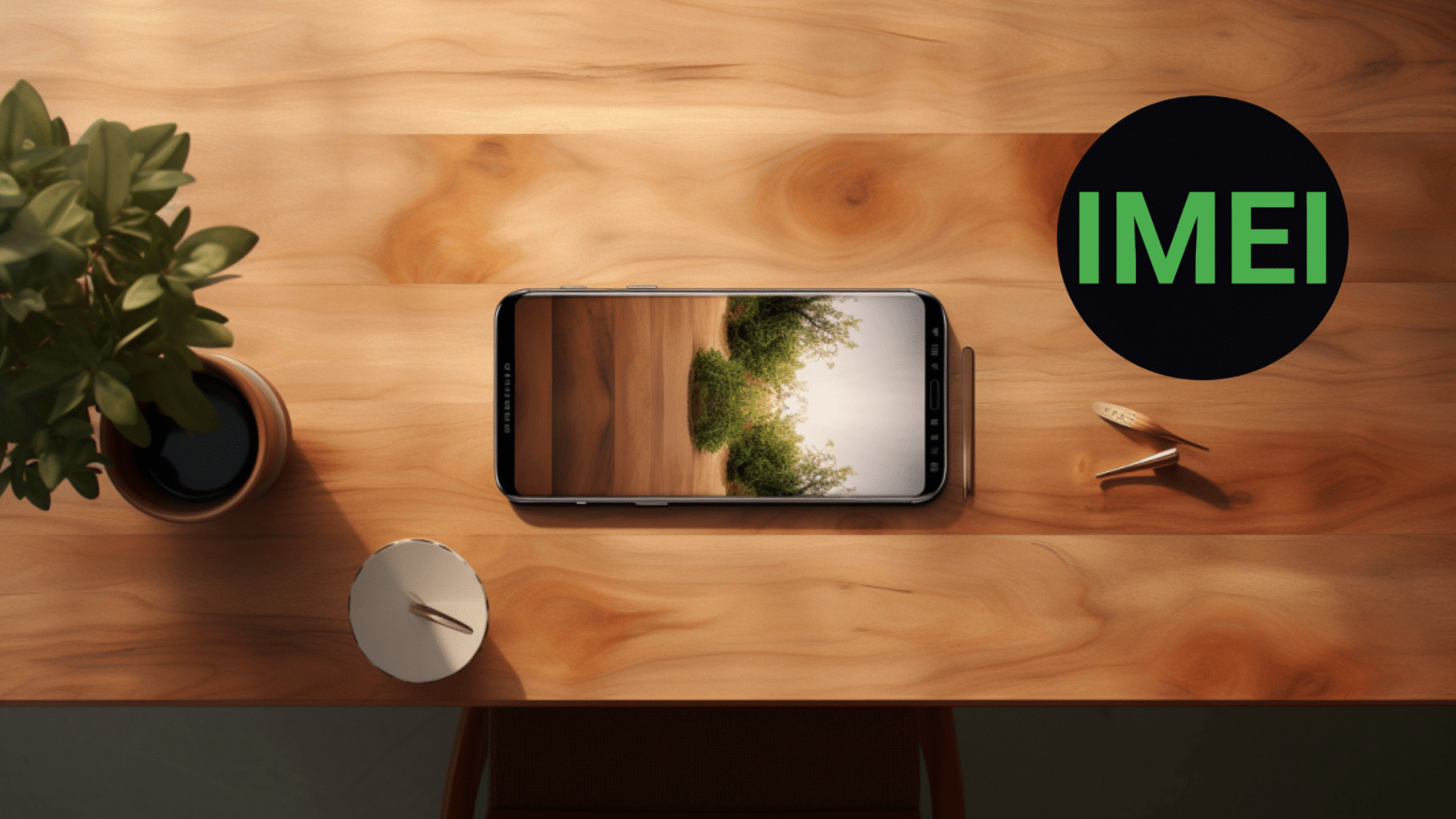 Telefono sobre una mesa junto a una planta