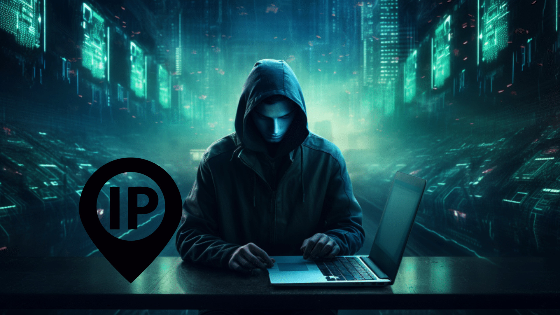 Hacker encapucahdo con ordenador rastreando IP