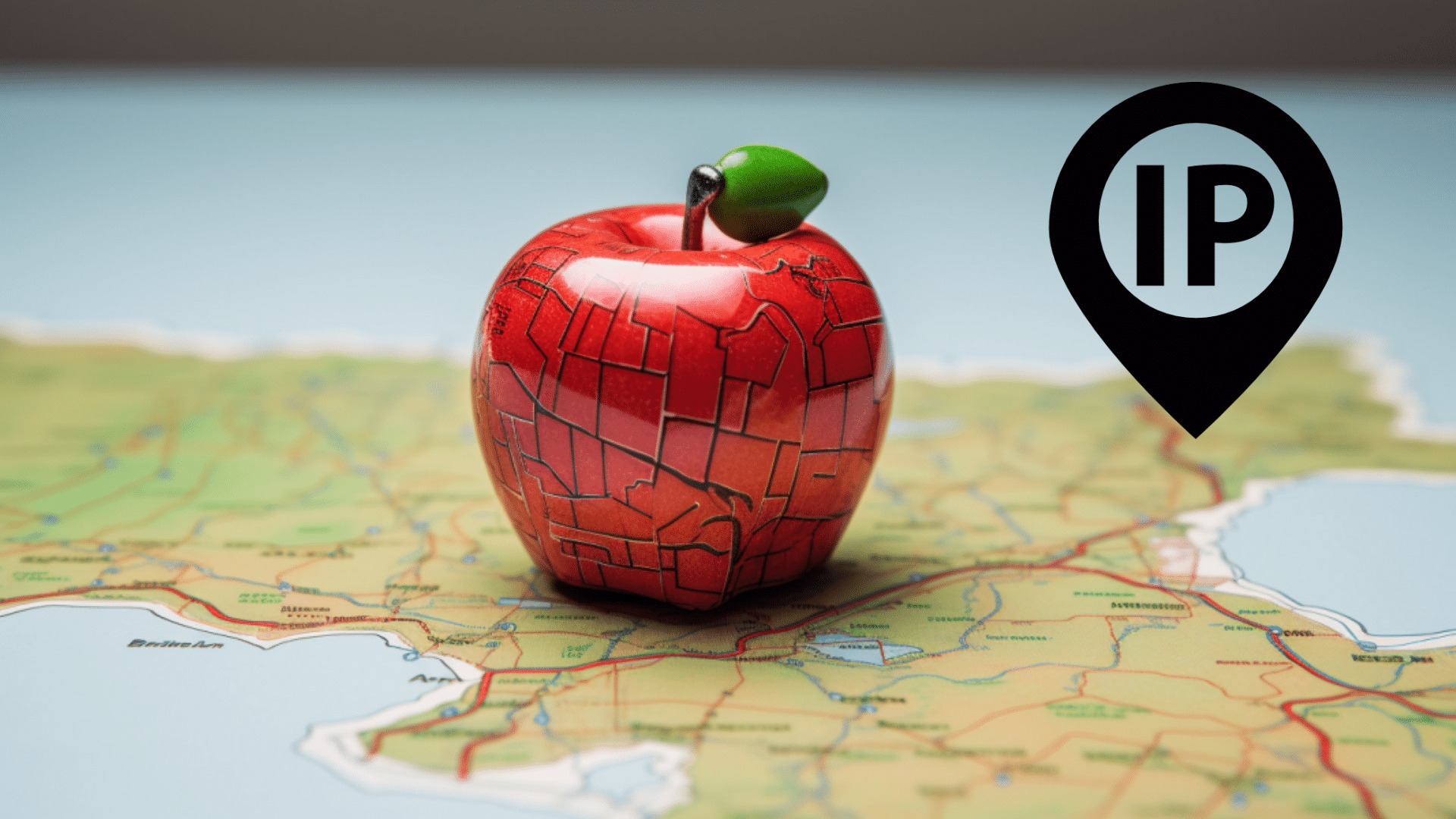 Manzana sobre un mapa con simbolo de ip