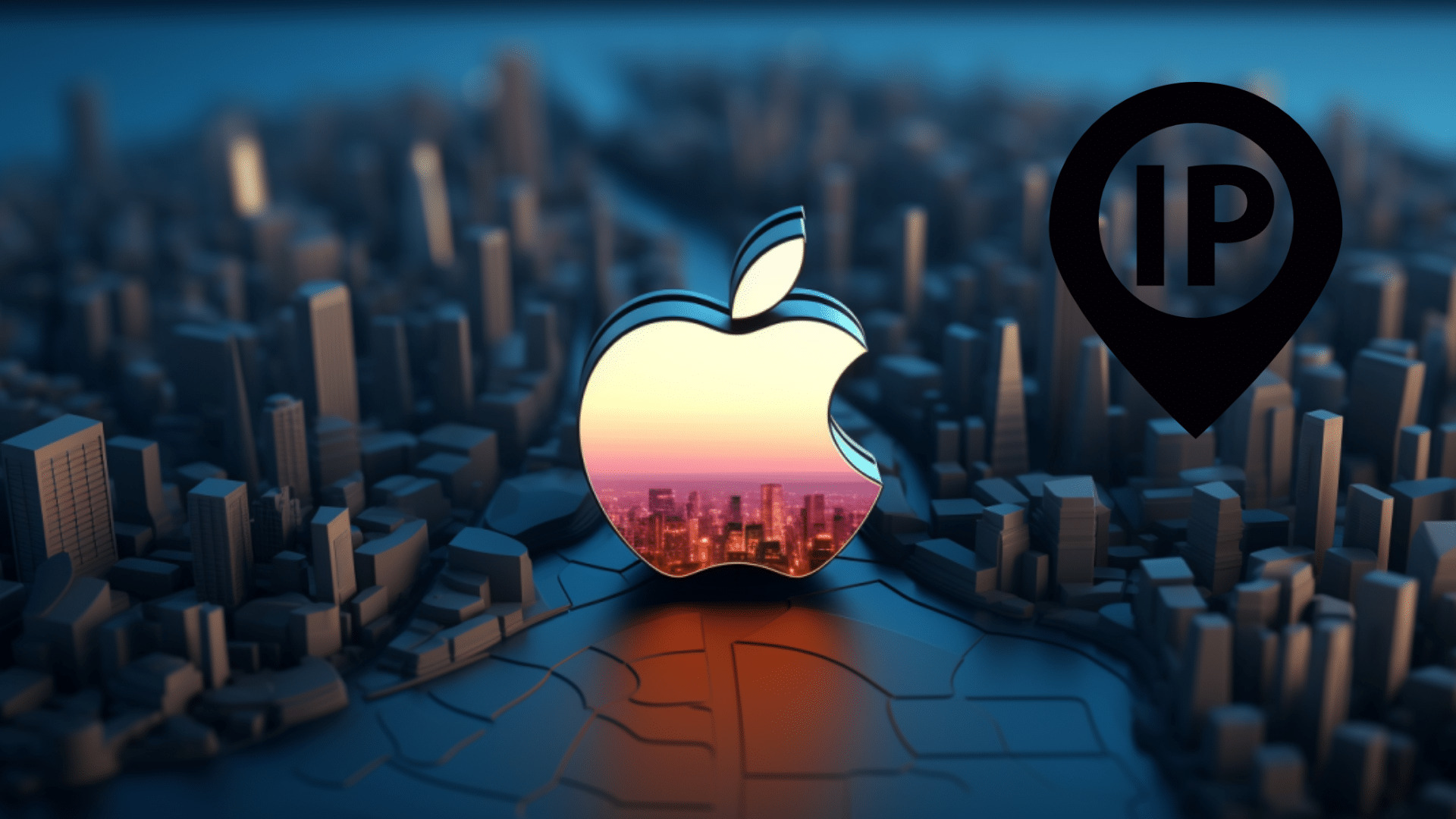 Manzana de apple frente a un perfil de ciudad con simbolo de ip