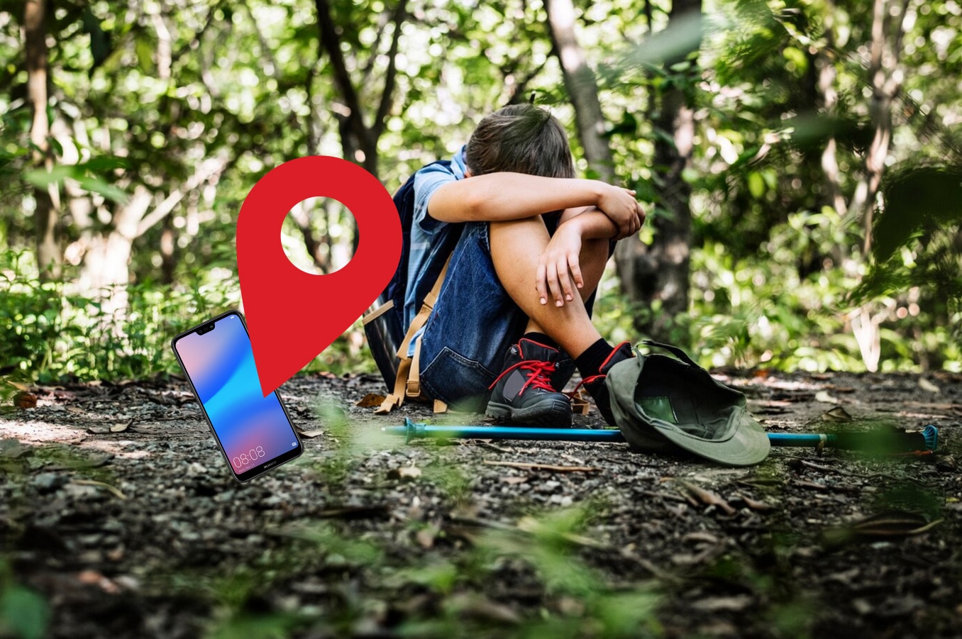 niño triste perdido en el bosque con la cabeza gacha pero siendo ubicado a través de su teléfono celular