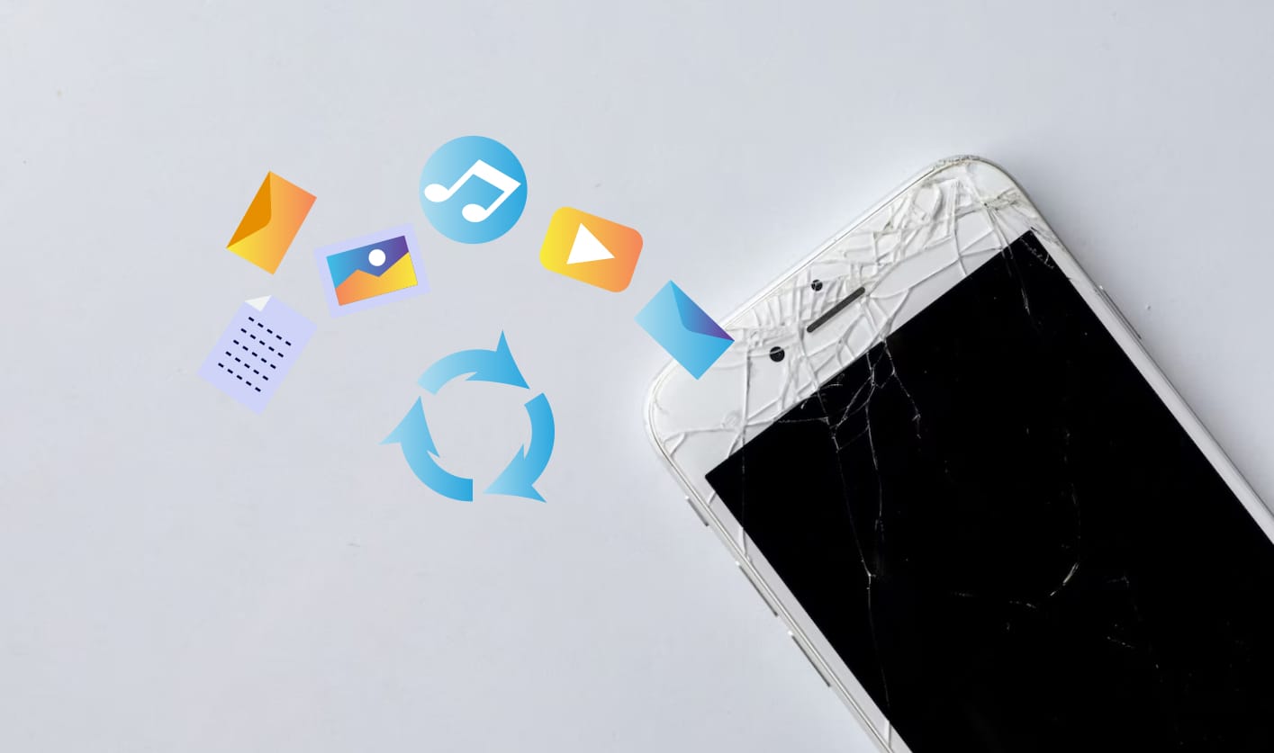 iPhone con pantalla rota descansando sobre una superficie mientras son recuperados sus archivos