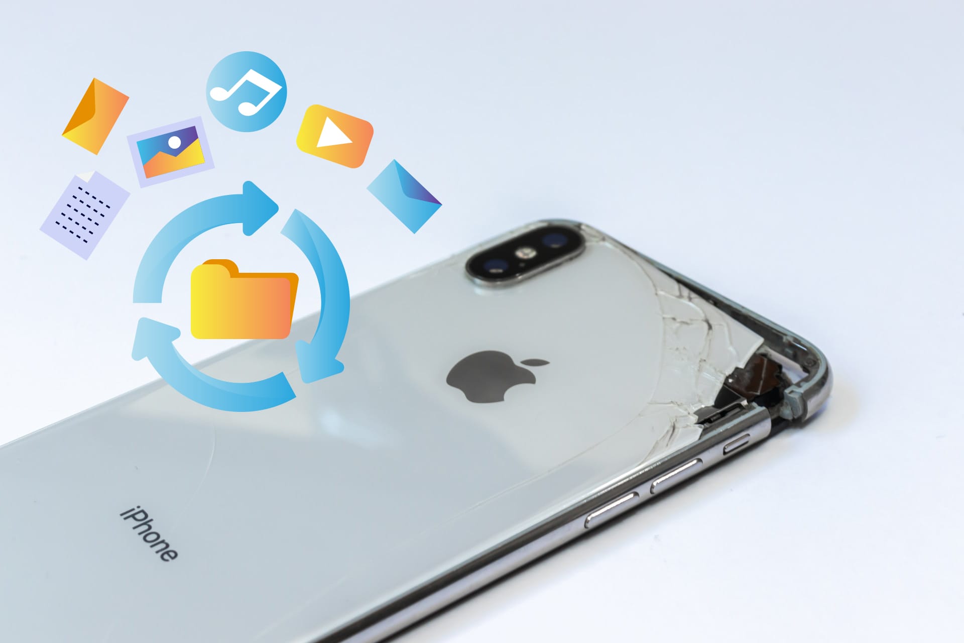iPhone roto con los archivos de multimedia siendo recuperados