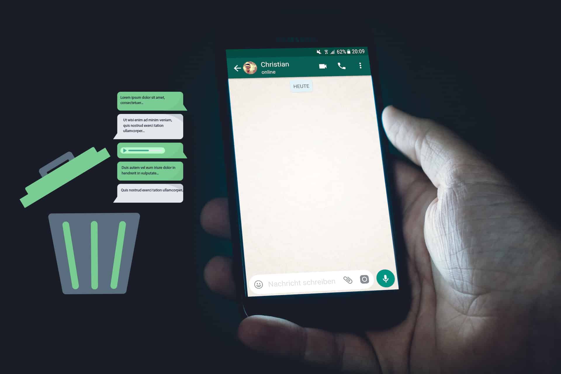 mano sosteniendo un chat de WhatsApp con los mensajes eliminados tratando de recuperarlos