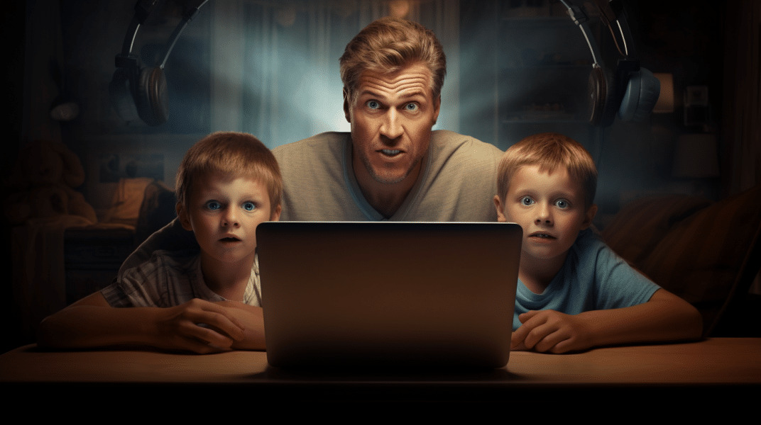 padre e hijos usando un localizador familiar gratis frente a un ordenador