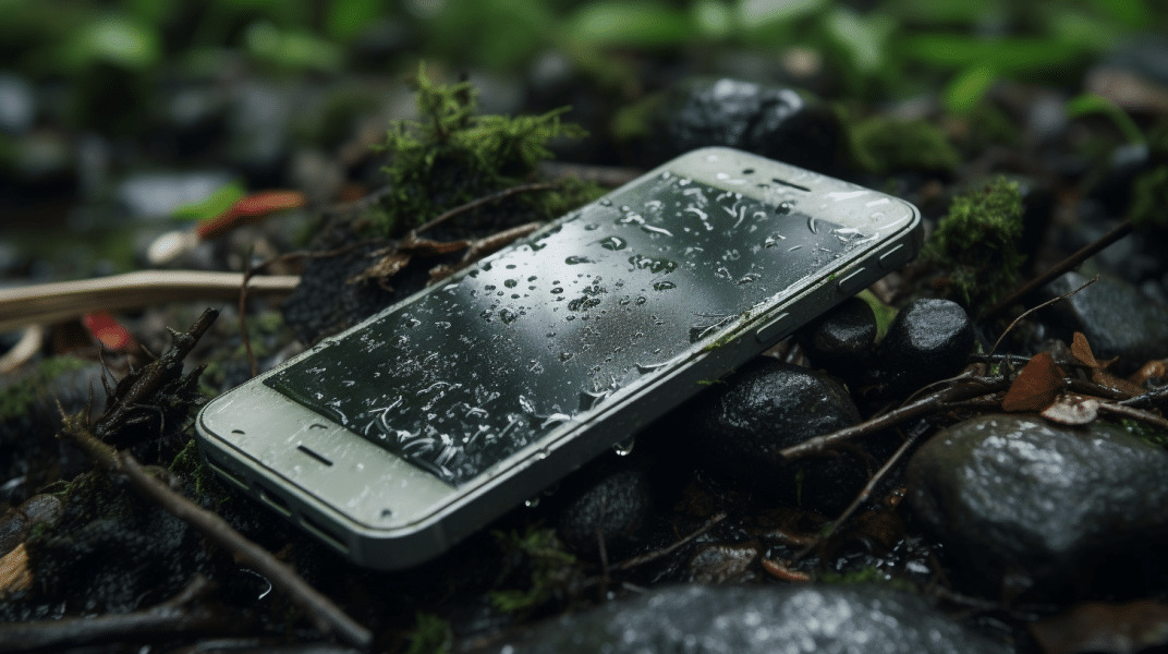 telefono perdido en el suelo en el bosque con gotas de agua en la pantalla