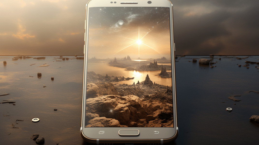 smartphone samsung con paisaje en pantalla