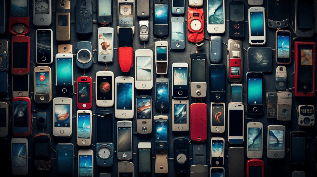Muchos telefonos moviles acomodados unos junto a otros de varios modelos