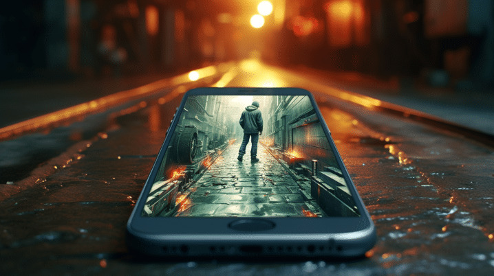 telefono en una calle mojada con el reflejo de un hombre en la pantalla
