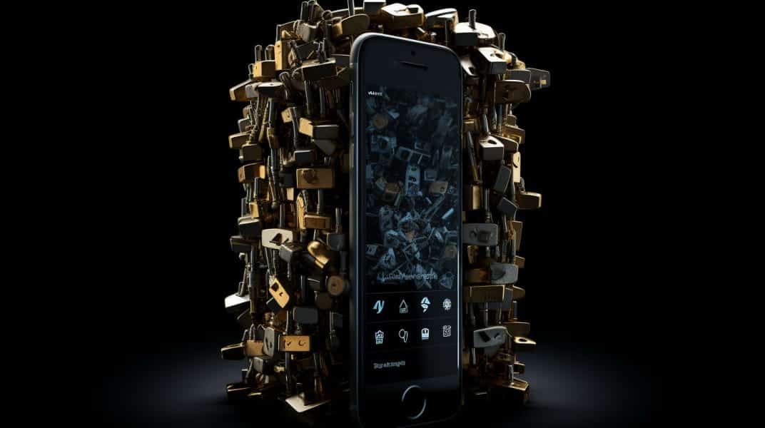telefono movil con un monton de candados detras bloqueando aplicaciones