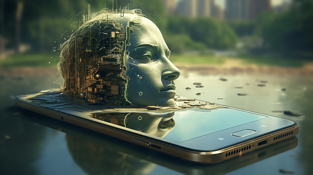Smatphone colocado sobre el agua con con una cabeza representando inteligencia artificial