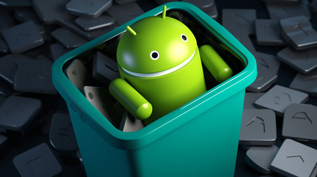 androide con archivos de smartphone dentro de una papelera