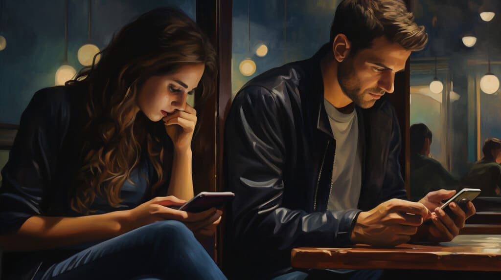 pareja chateando por sus telefonos moviles en instagram