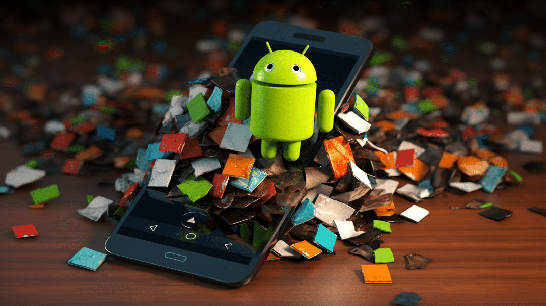 Android sobre una montaña de archivos y un smartphone