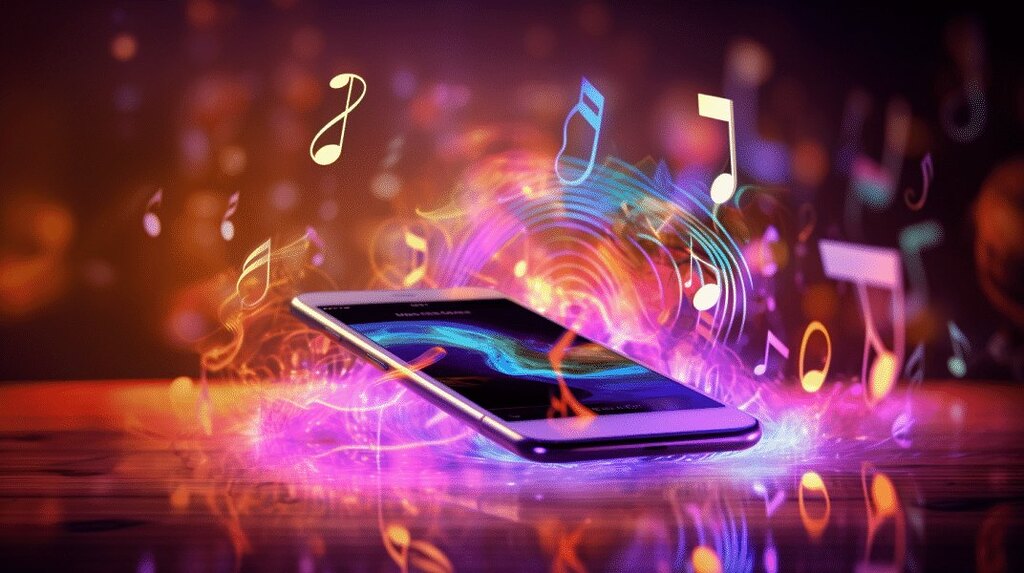 smartphone con ondas y notas musicales alrededor