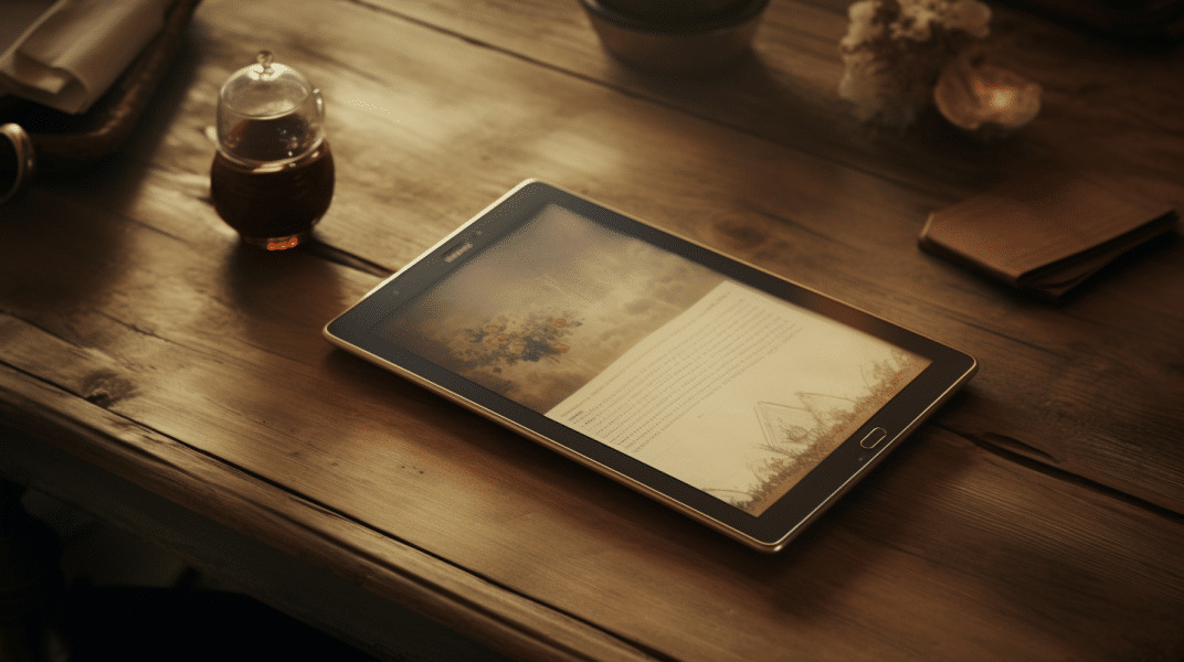 tablet samsung sobre una mesa junto a una tasa
