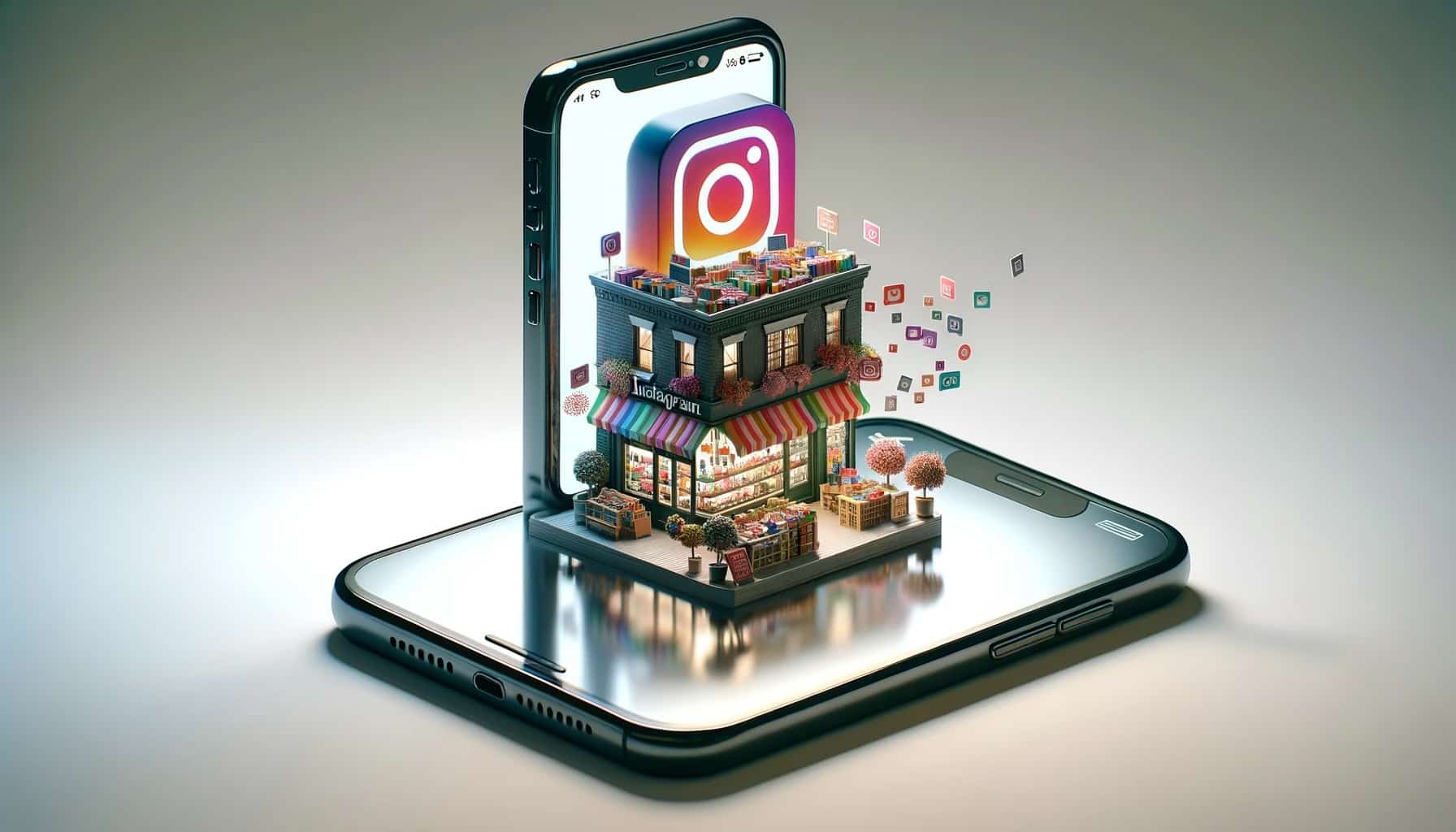 teléfono celular con una tienda y el logo de Instagram simulando Instagram Shopping