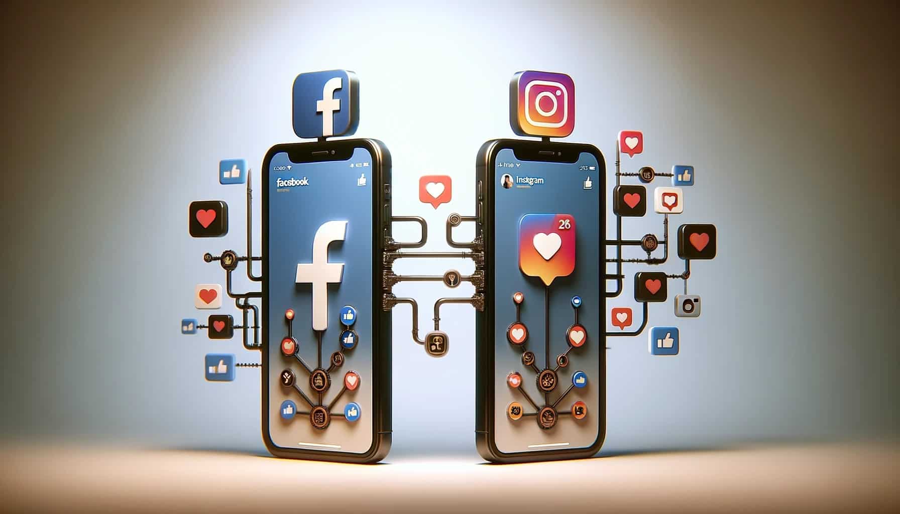 un telefono móvil con la aplicación de Instagram y otro con la aplicación de Facebook conectados por la funcionalidad de publicar en ambos a la vez